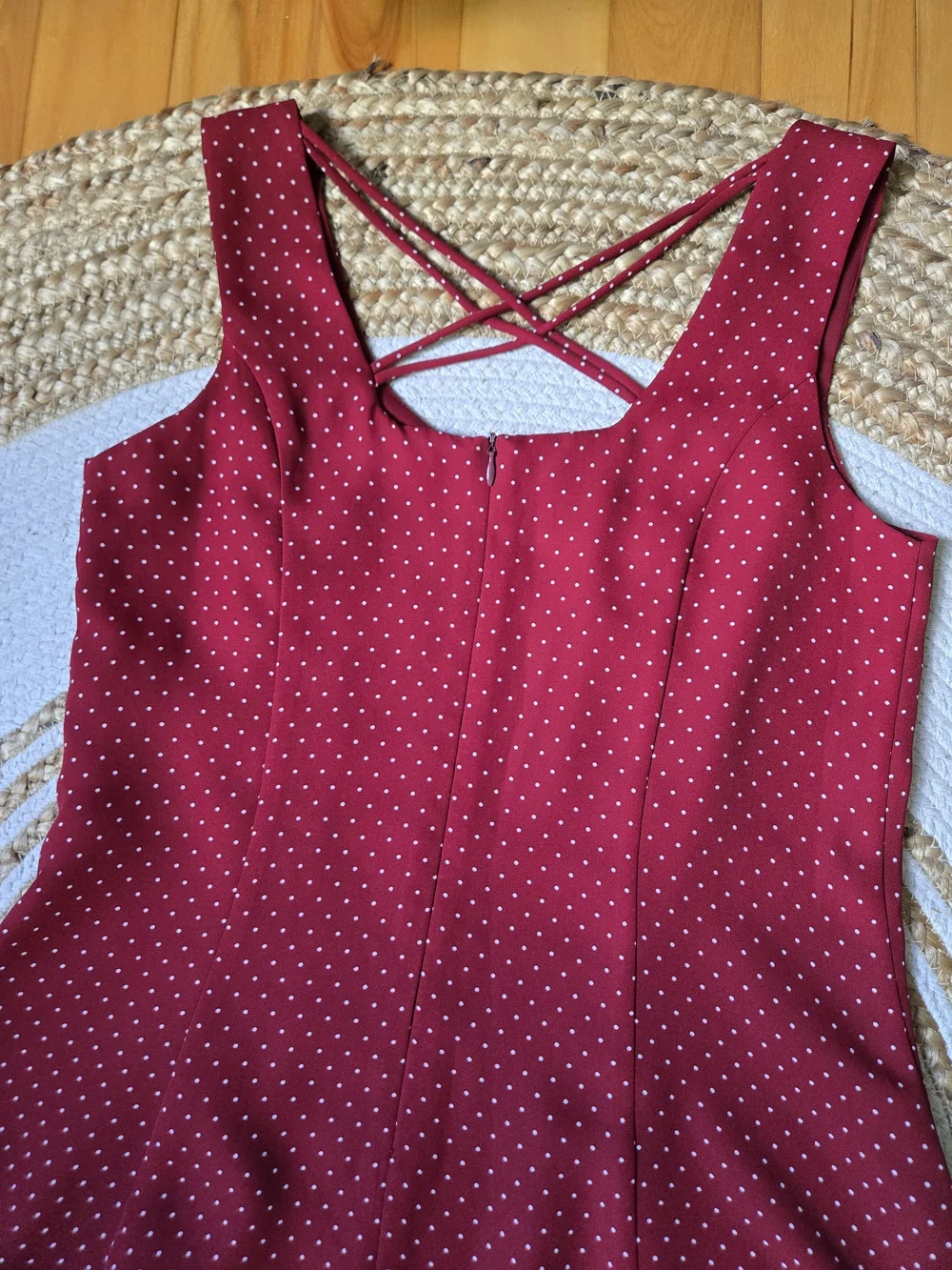 Vintage 90s Burgundy Polka Dot Midi Dress Retro Pin-Up Romantic Casual Chic - Picture 7 of 16